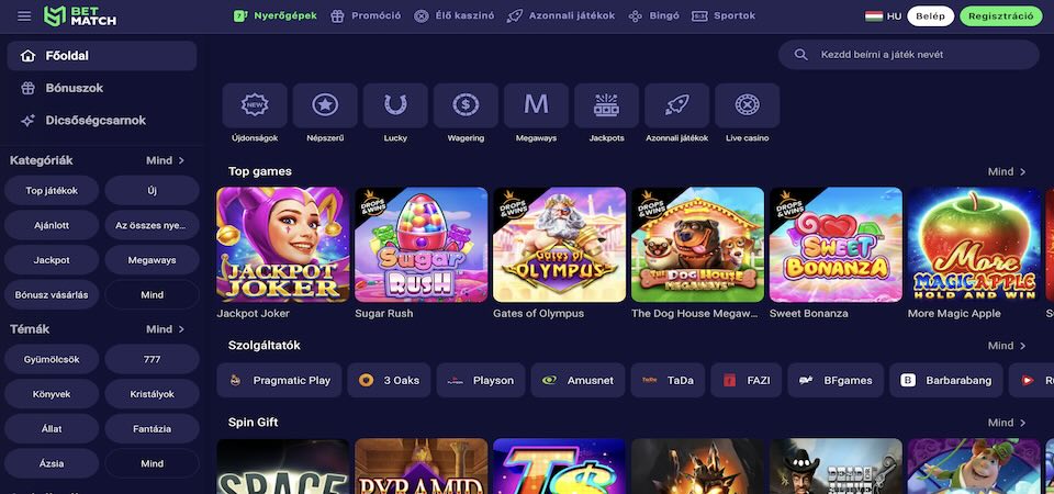 képernyőkép a betmatch casino oldaláról