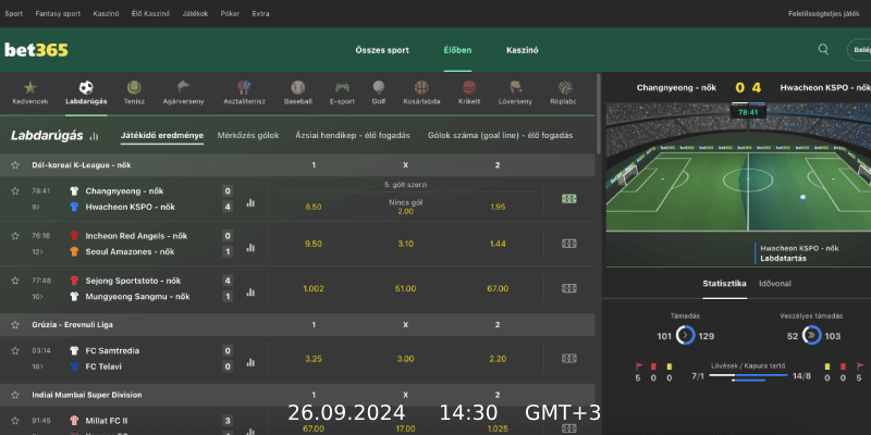 Pillanatkép a bet365 fő sportfogadási oldaláról