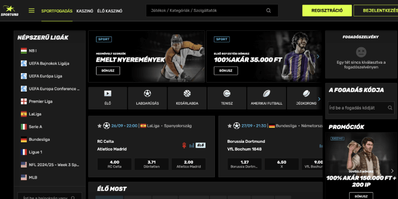 Pillanatkép a Sportuna fő sportfogadási oldaláról