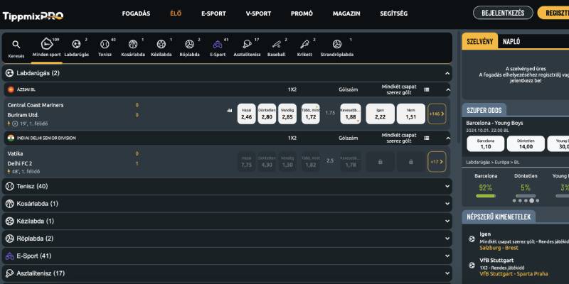 Pillanatkép a Tippmixpro fő sportfogadási oldaláról